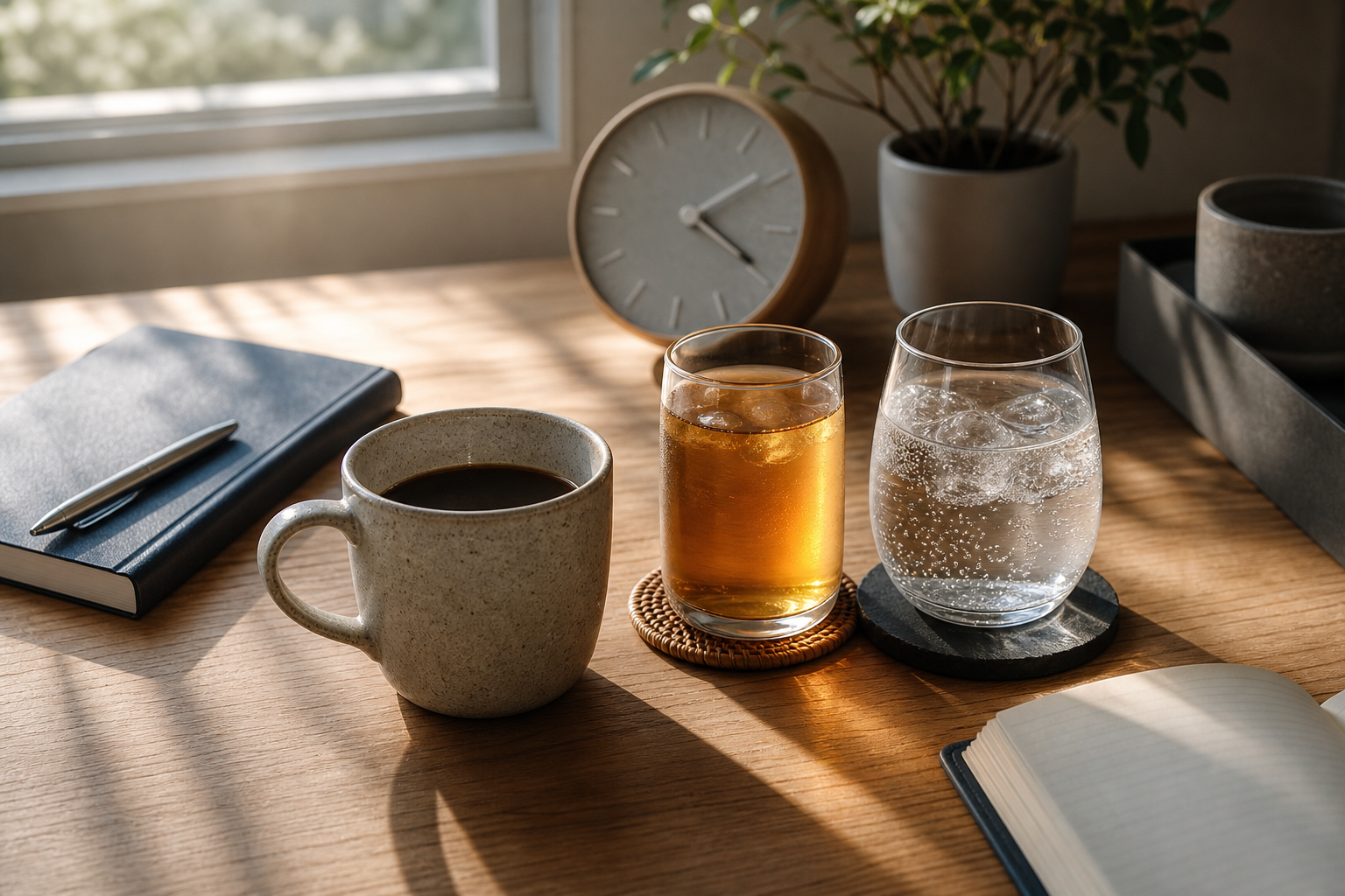 午後の光が差し込む机の上に並んだコーヒー、麦茶、炭酸水