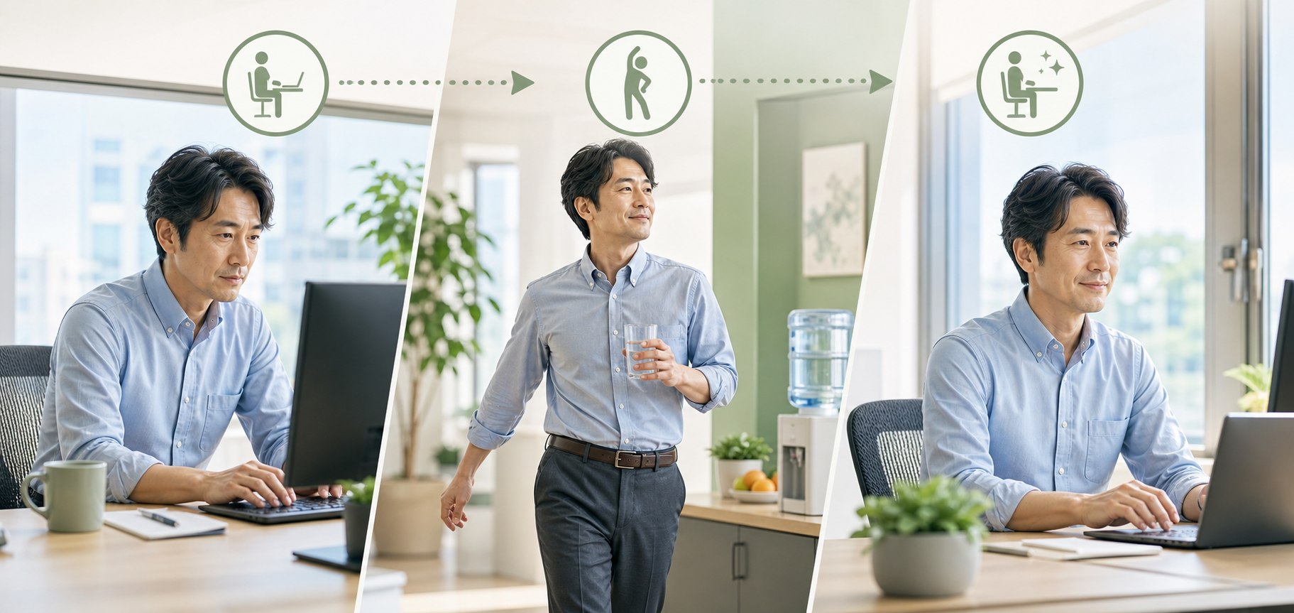 座る、立つ、仕事に戻るの3段階で短い休憩を示したイメージ