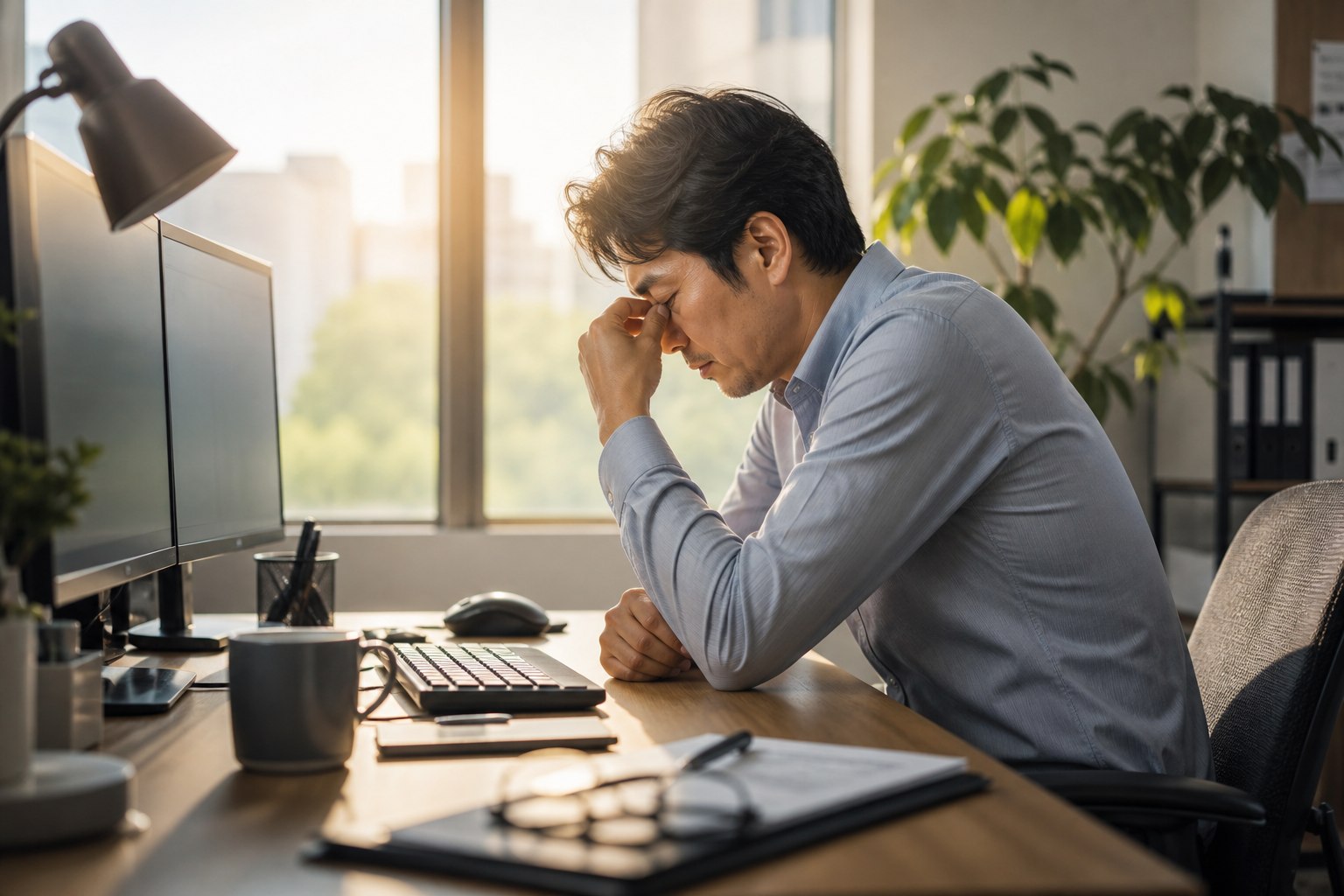 夕方のオフィスで座りっぱなしの疲れを感じる40代男性