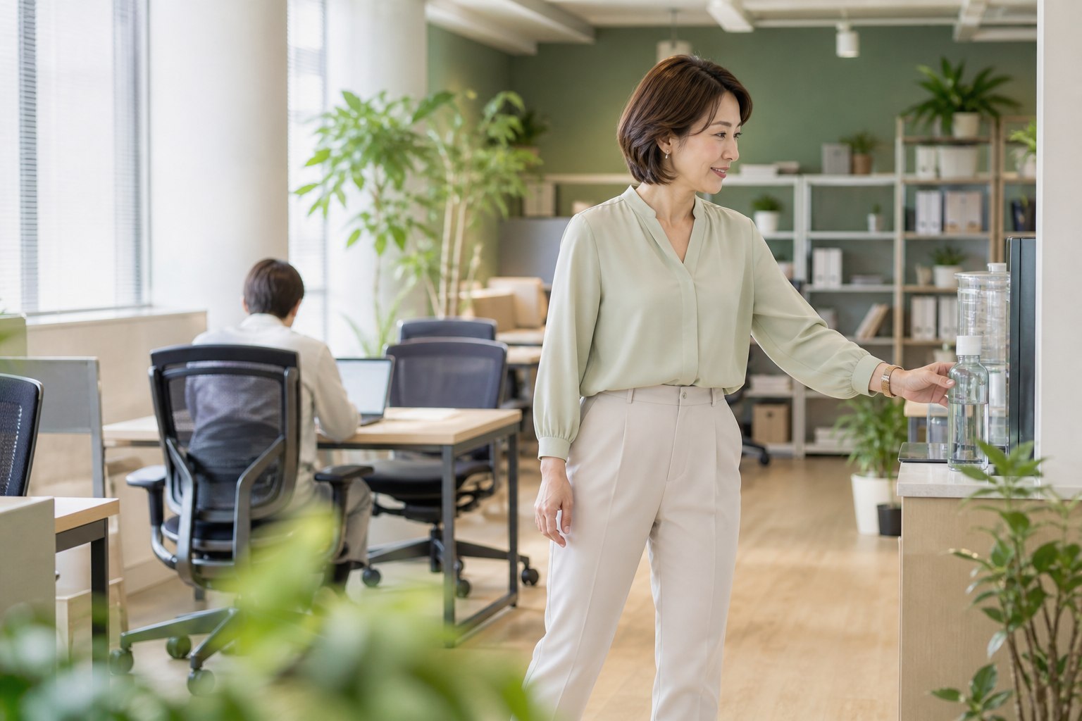 オフィスで給水のために席を立つ40代女性