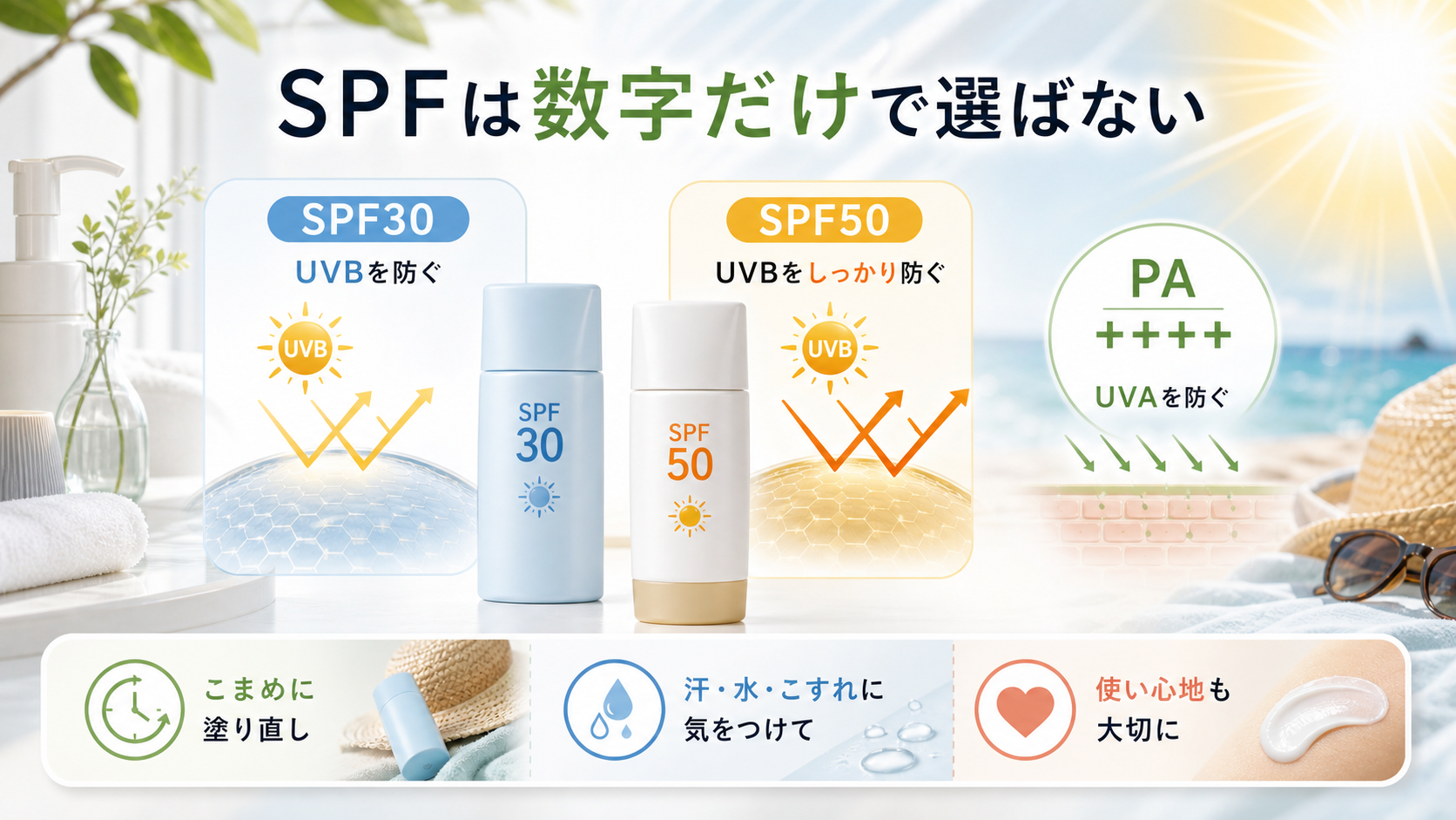 SPF30、SPF50、PAの違いを示す図解