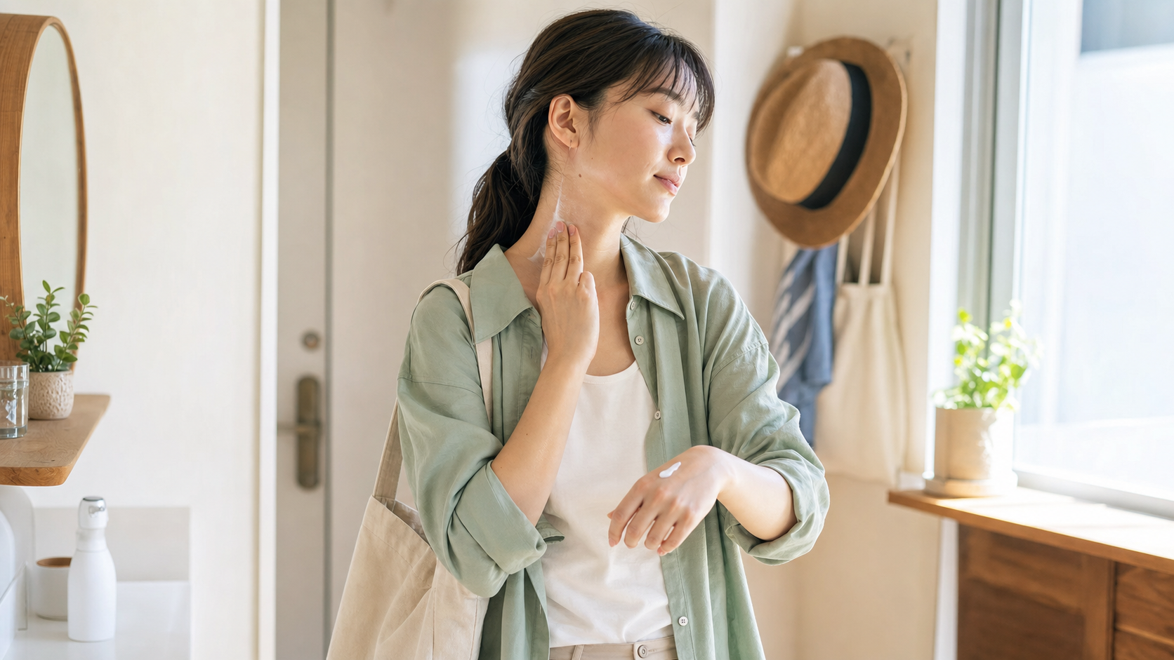 外出前に首と手の甲へ日焼け止めを塗る人
