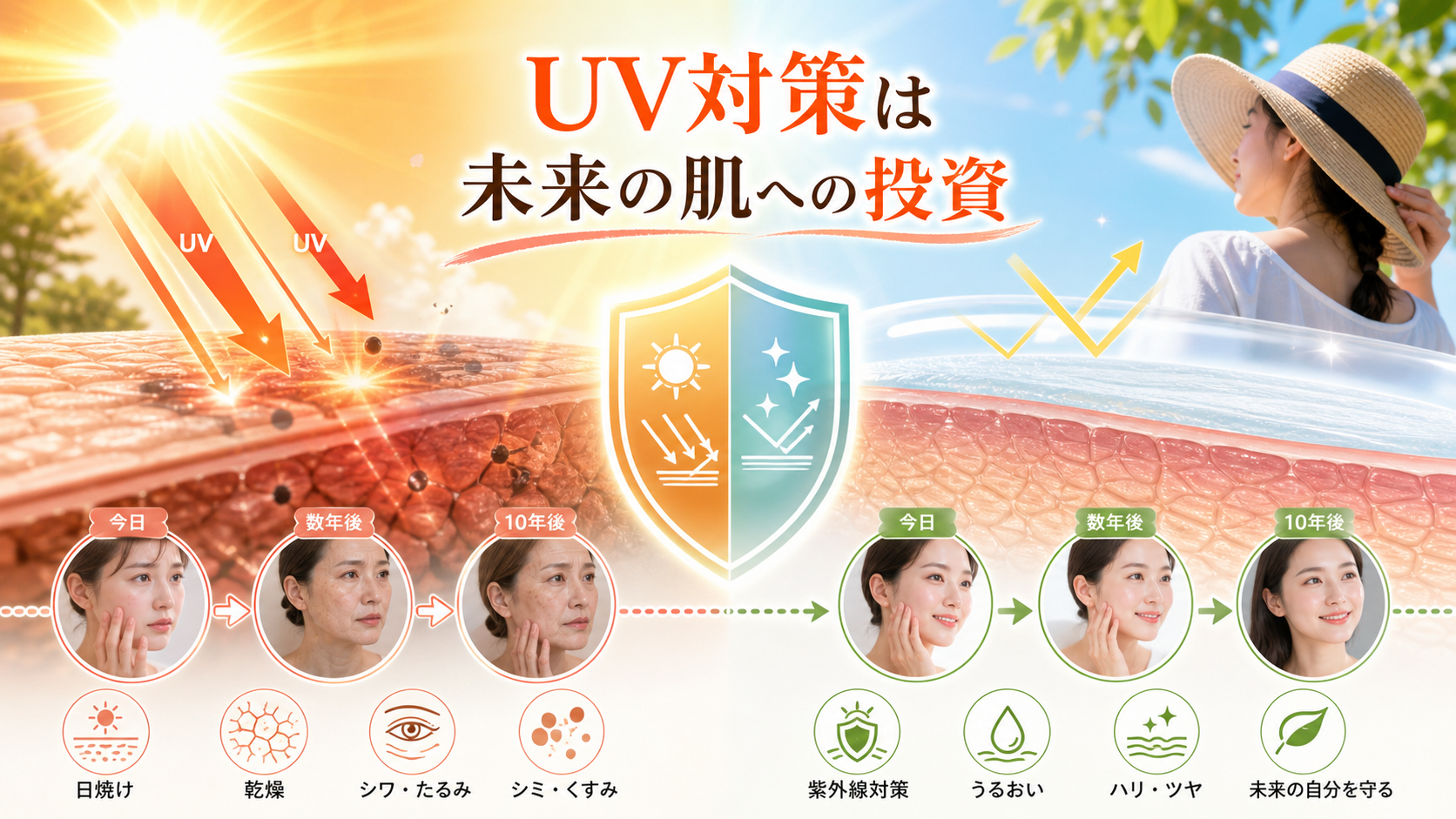 紫外線対策をする日としない日の将来差イメージ